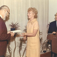 Dr. Jerome M. and Dorothy Schweitzer presenting the GNYAP Schweitzer Research Award to Dr. Benjamin Moffet. The Plaza Hotel, 1969